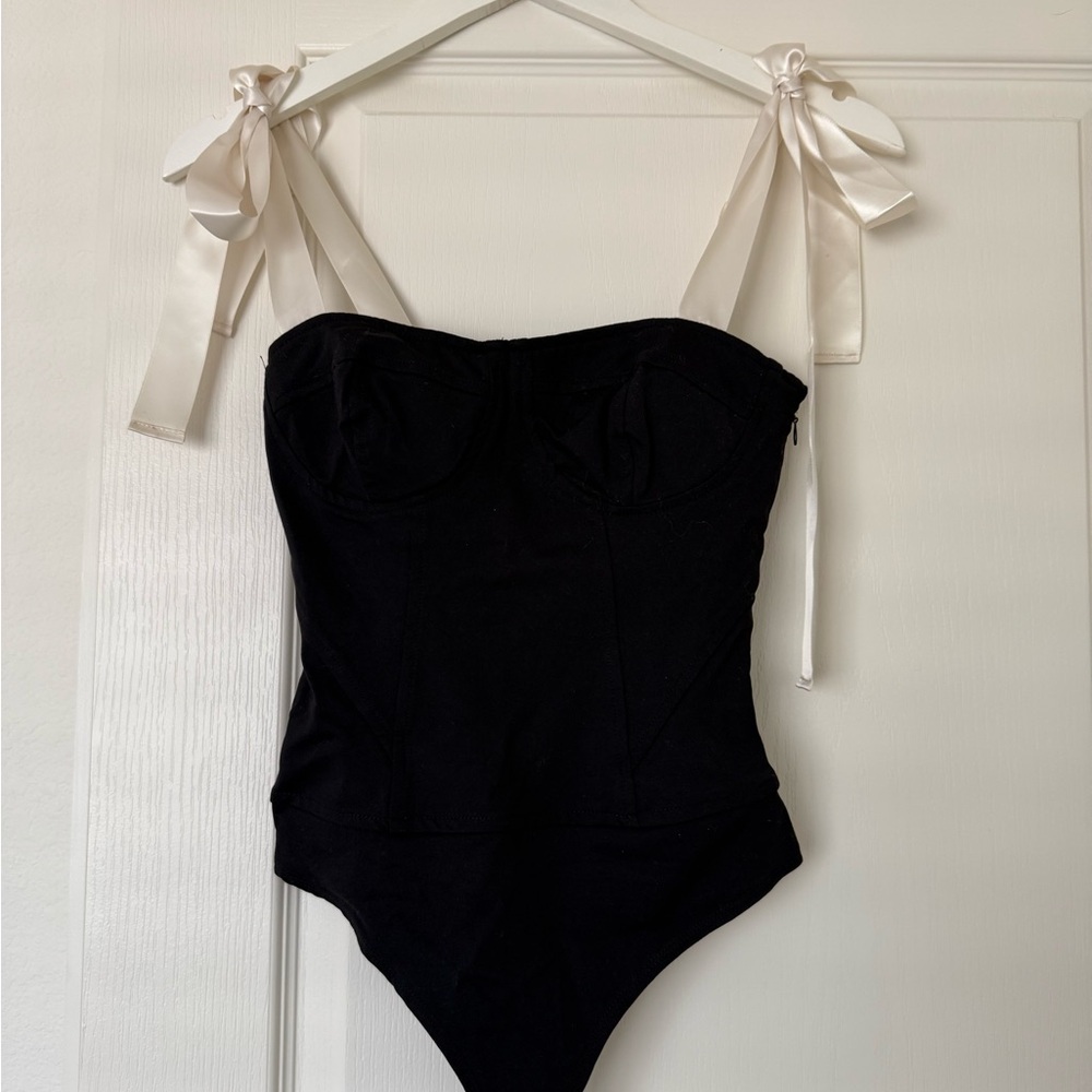 NWT Black Bodysuit with Cream Ribbon Straps